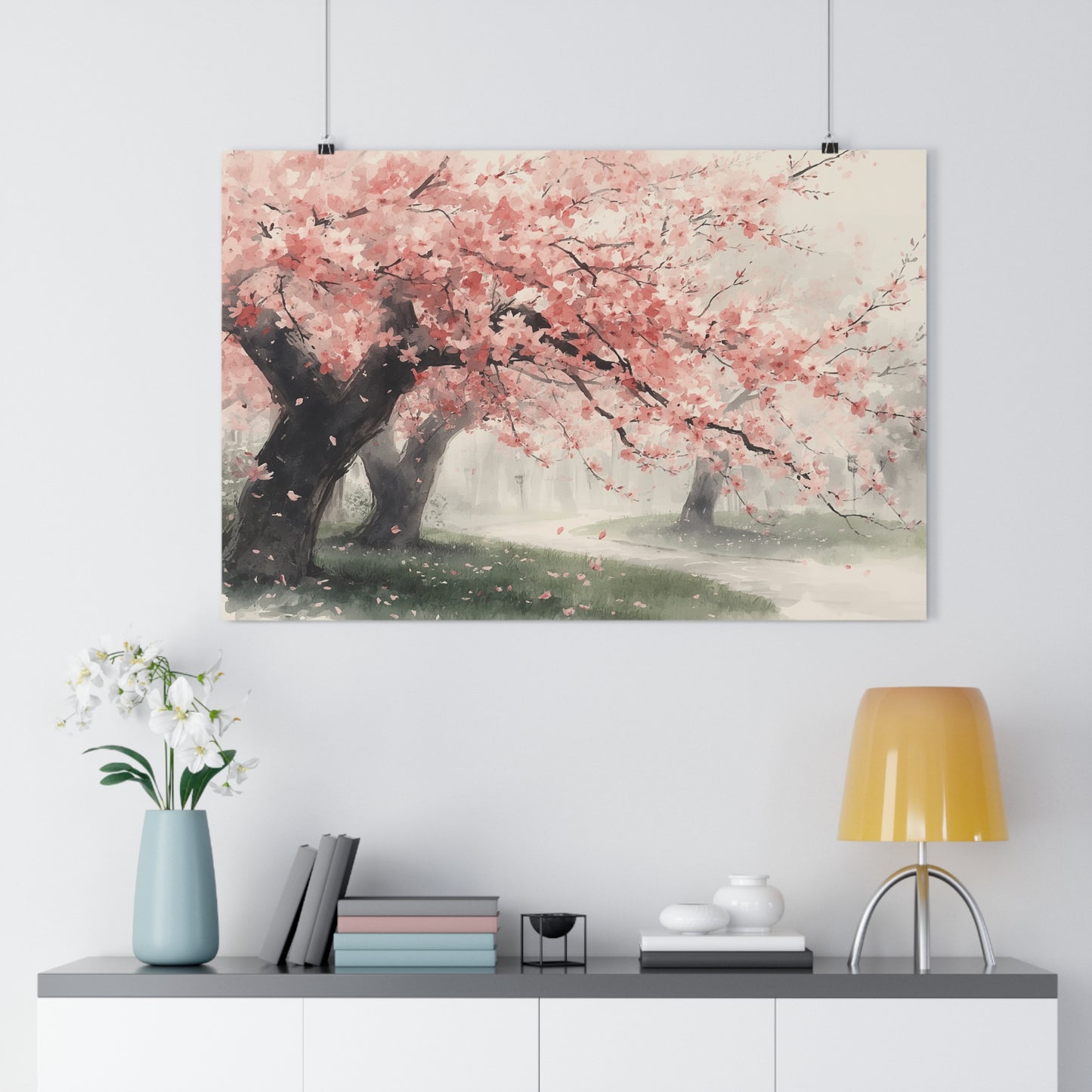 Chinese Blossom Landscape | Watercolor Spring Path Art Paper Poster | Pink Sakura Tree Wall Art, Spring Serenity