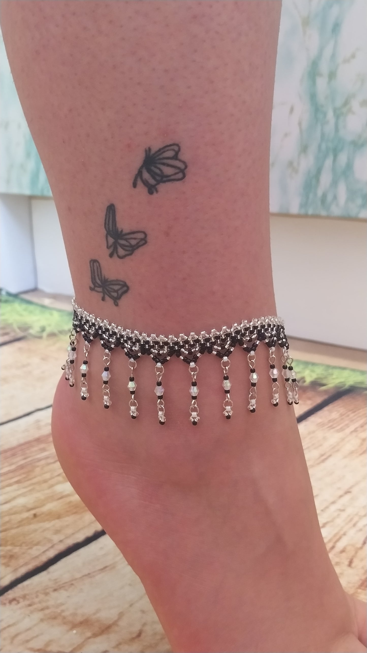 Anklet, beautiful, delicate, handmade, black and silver TOHO seed beads, crystal beads, and white beads