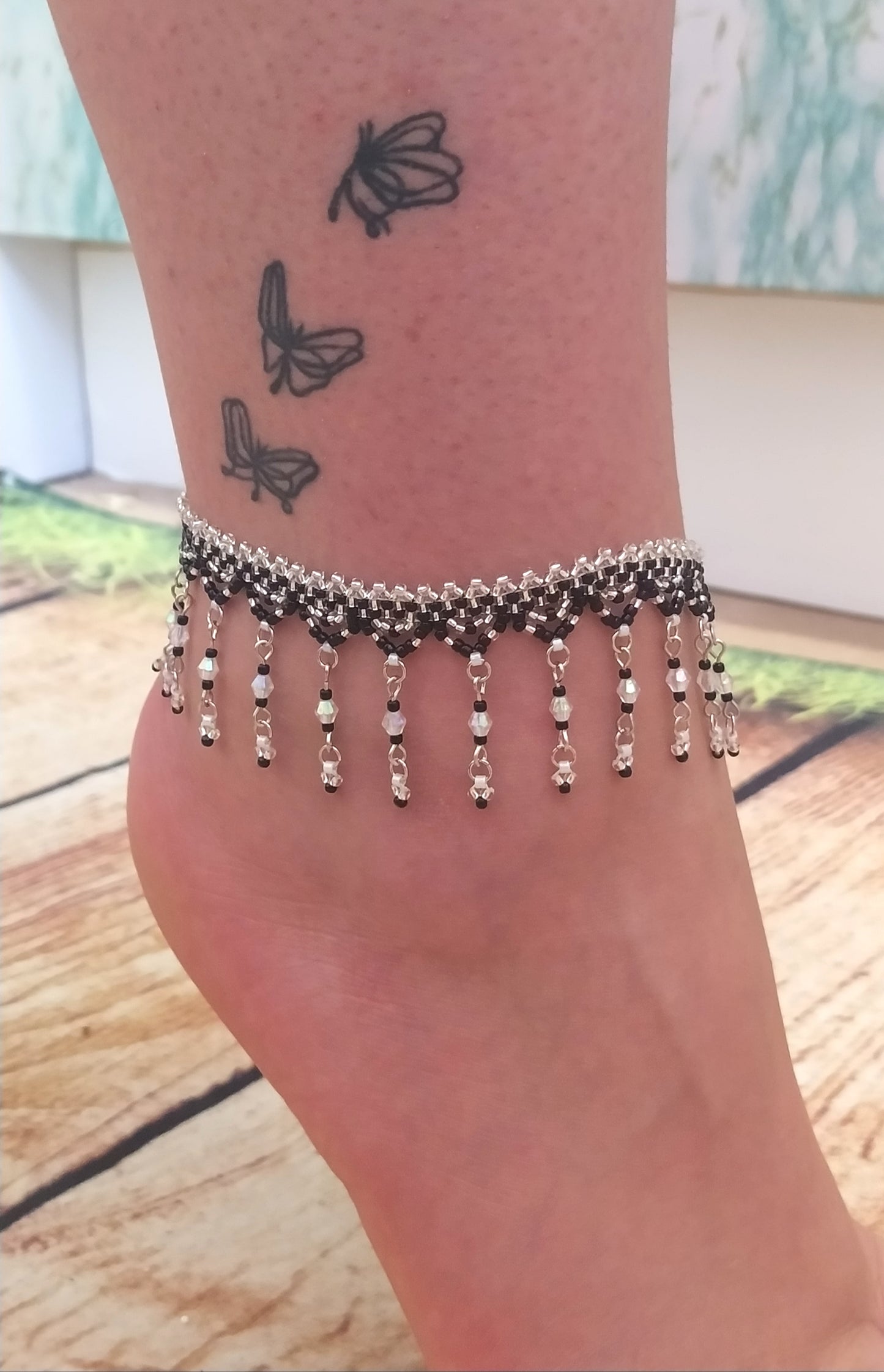 Anklet, beautiful, delicate, handmade, black and silver TOHO seed beads, crystal beads, and white beads