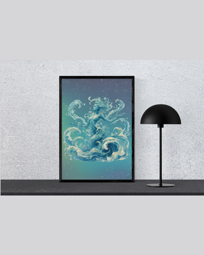 Ocean Wave Goddess Art Print | Sea Spirit Mythical Digital Download | Fantasy Mermaid Water Elemental Wall Art | High-Res Printable PNG
