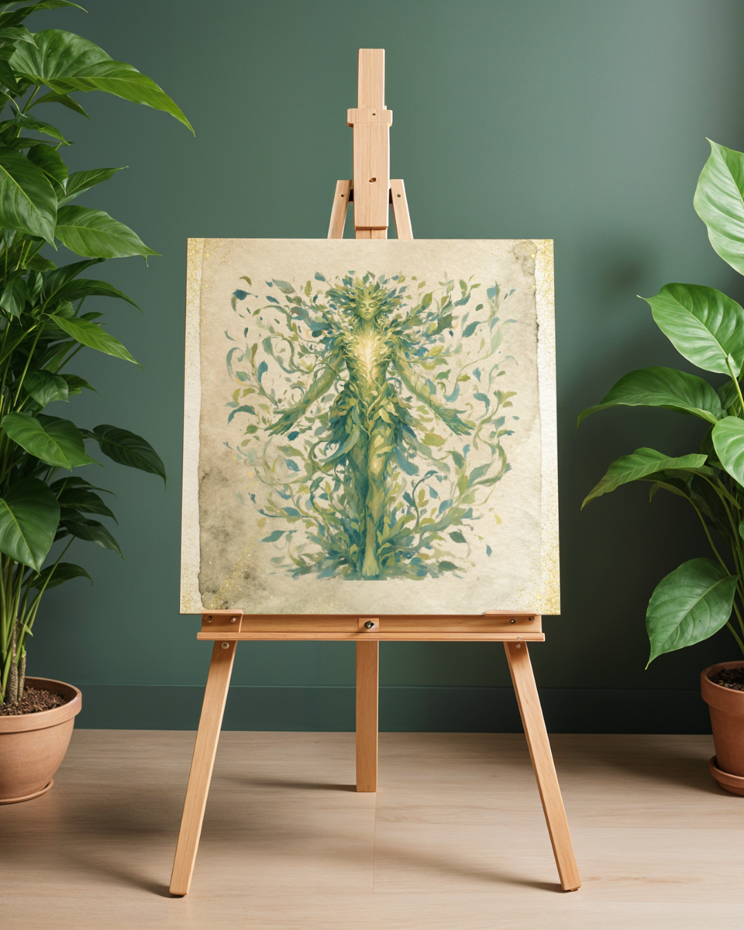 Heart of the Forest Goddess Art Print | Luxury Botanical Leaves Wall Decor, High-End Nature Spirit Digital Download PNG