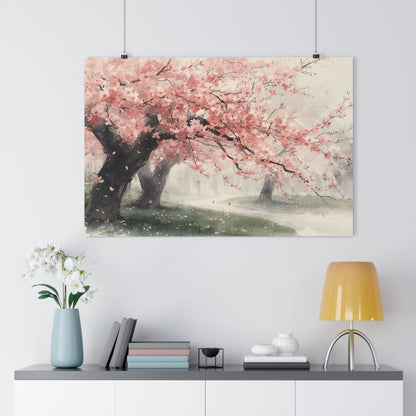 Chinese Blossom Landscape | Watercolor Spring Path Art Paper Poster | Pink Sakura Tree Wall Art, Spring Serenity
