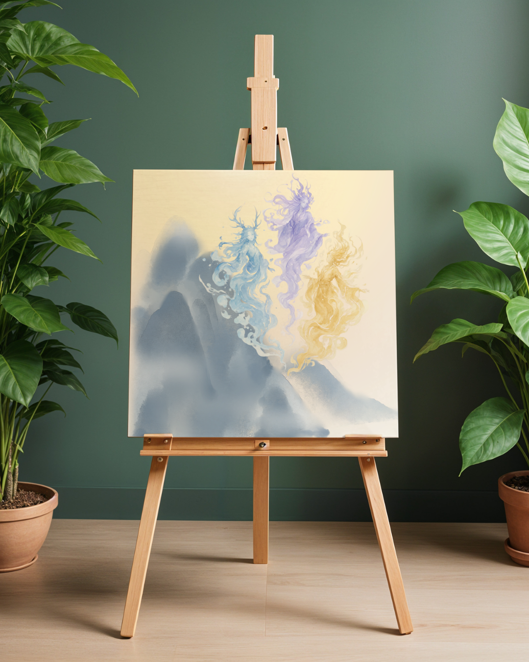 The Three Mountain Spirits – Mythical Goddess Art Print | Luxury Landscape Wall Decor, High-End Celestial Digital Download PNG