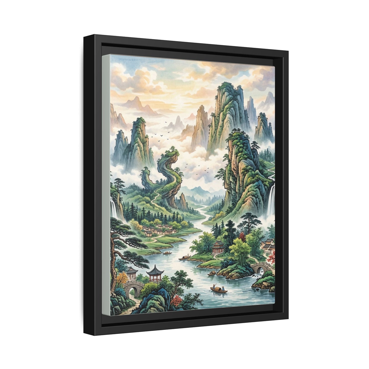 Framed Chinese Landscape | Ink River & Mountain Art | Oriental Wall Decor