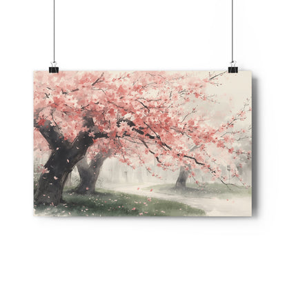 Chinese Blossom Landscape | Watercolor Spring Path Art Paper Poster | Pink Sakura Tree Wall Art, Spring Serenity