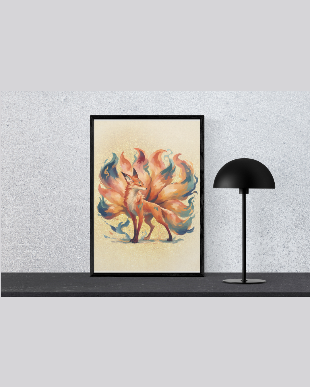 Mythical Nine-Tailed Fox Art Print | Luxury Japanese Kitsune Wall Decor, High-End Celestial Spirit Digital Download PNG