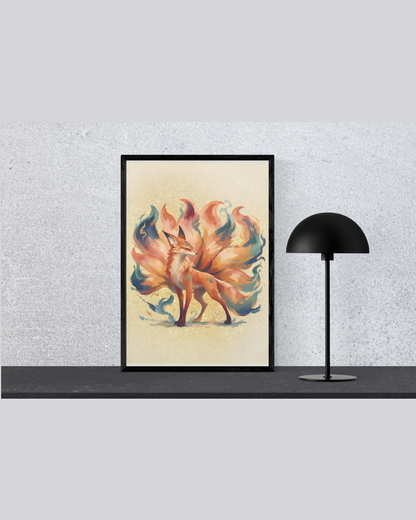 Mythical Nine-Tailed Fox Art Print | Luxury Japanese Kitsune Wall Decor, High-End Celestial Spirit Digital Download PNG