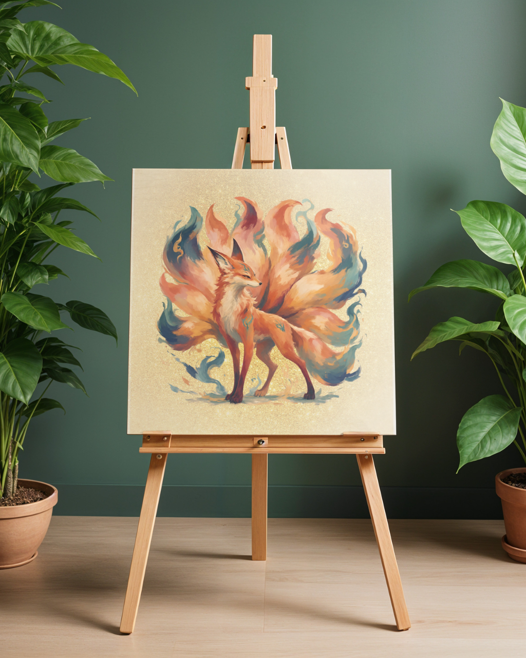 Mythical Nine-Tailed Fox Art Print | Luxury Japanese Kitsune Wall Decor, High-End Celestial Spirit Digital Download PNG