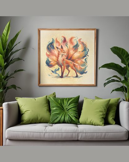 Mythical Nine-Tailed Fox Art Print | Luxury Japanese Kitsune Wall Decor, High-End Celestial Spirit Digital Download PNG