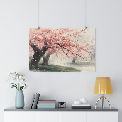 Chinese Blossom Landscape | Watercolor Spring Path Art Paper Poster | Pink Sakura Tree Wall Art, Spring Serenity