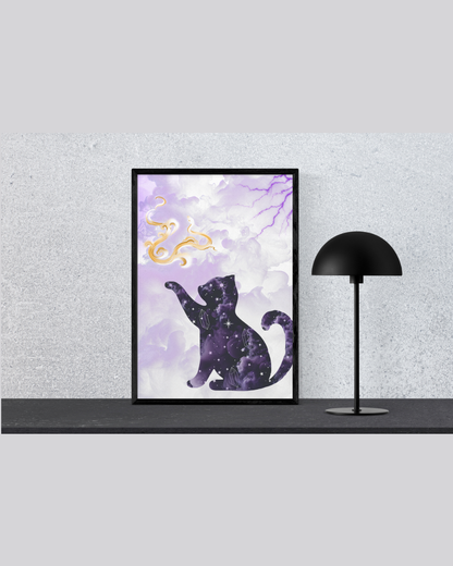 Celestial Cosmic Cat Art Print | Luxury Witchy Room Decor, High-End Mystical Galaxy Kitten Digital Download PNG
