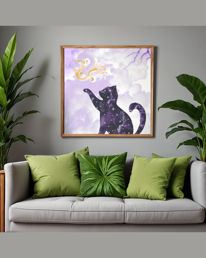 Celestial Cosmic Cat Art Print | Luxury Witchy Room Decor, High-End Mystical Galaxy Kitten Digital Download PNG