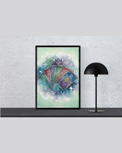 Mystical Tarot Cards Art Print | Luxury Zodiac Astrology Wall Decor, High-End Celestial Divination Digital Download PNG