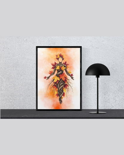 Autumn Spirit Earth Goddess Art Print | Luxury Fall Botanical Wall Decor, High-End Maple Leaves Digital Download PNG