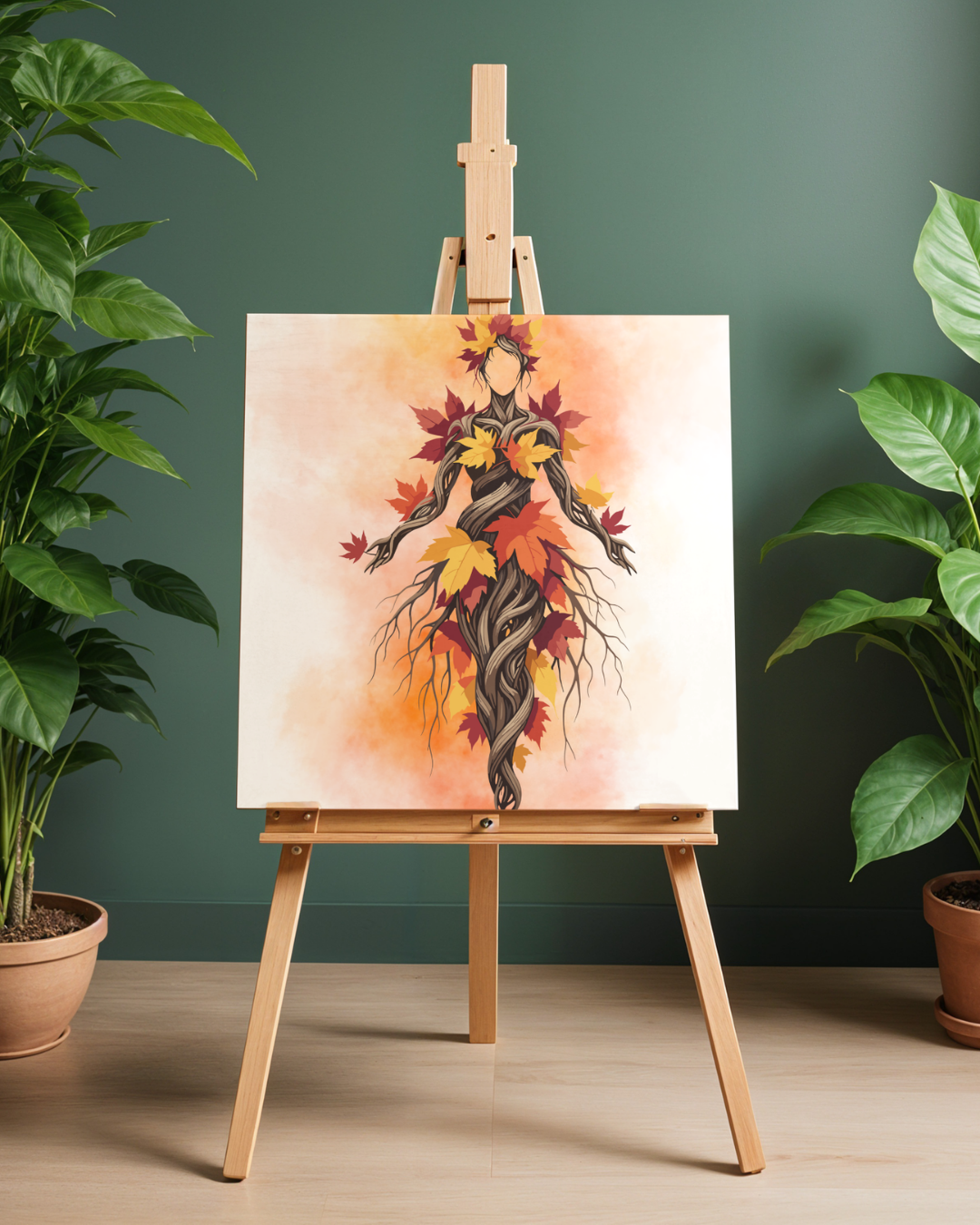 Autumn Spirit Earth Goddess Art Print | Luxury Fall Botanical Wall Decor, High-End Maple Leaves Digital Download PNG