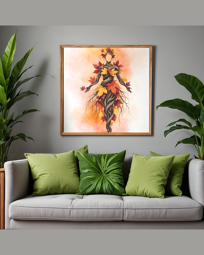 Autumn Spirit Earth Goddess Art Print | Luxury Fall Botanical Wall Decor, High-End Maple Leaves Digital Download PNG