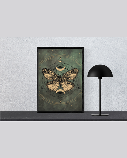 Celestial Lunar Moth Art Print | Luxury Sacred Geometry Wall Decor, High-End Witchy Moon Phases Digital Download PNG