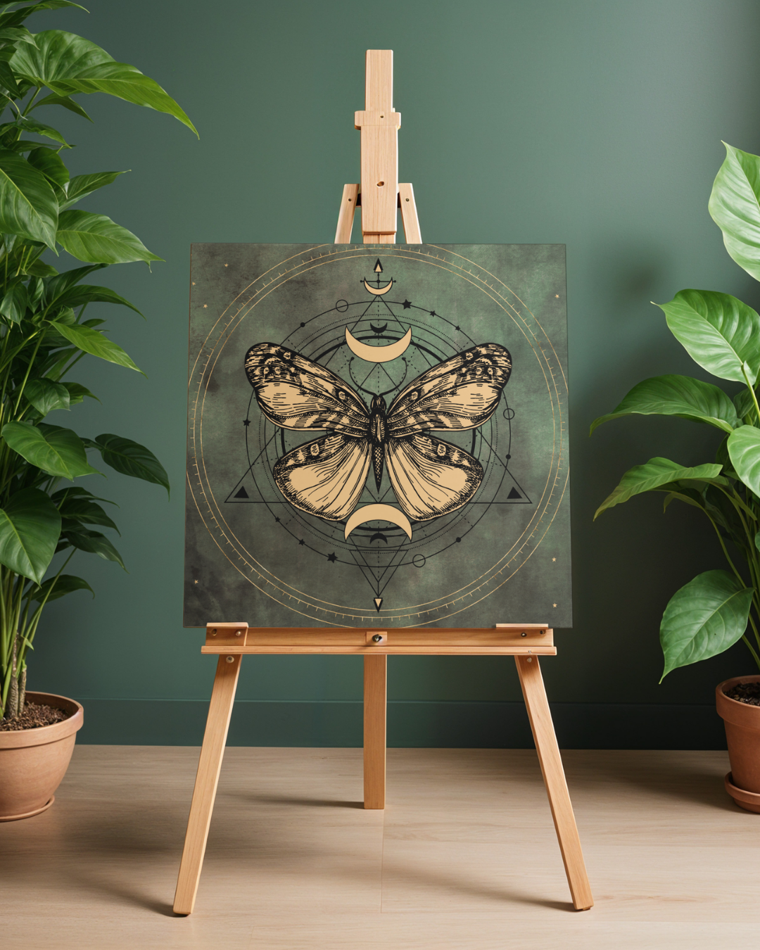 Celestial Lunar Moth Art Print | Luxury Sacred Geometry Wall Decor, High-End Witchy Moon Phases Digital Download PNG