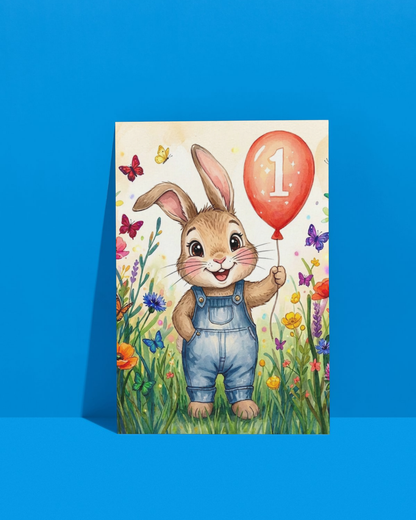 1st Birthday Card – Printable Kids Bunny Card | Instant Digital Download