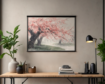 Watercolor Cherry Blossom Poster | Sakura Landscape Digital Wall Art