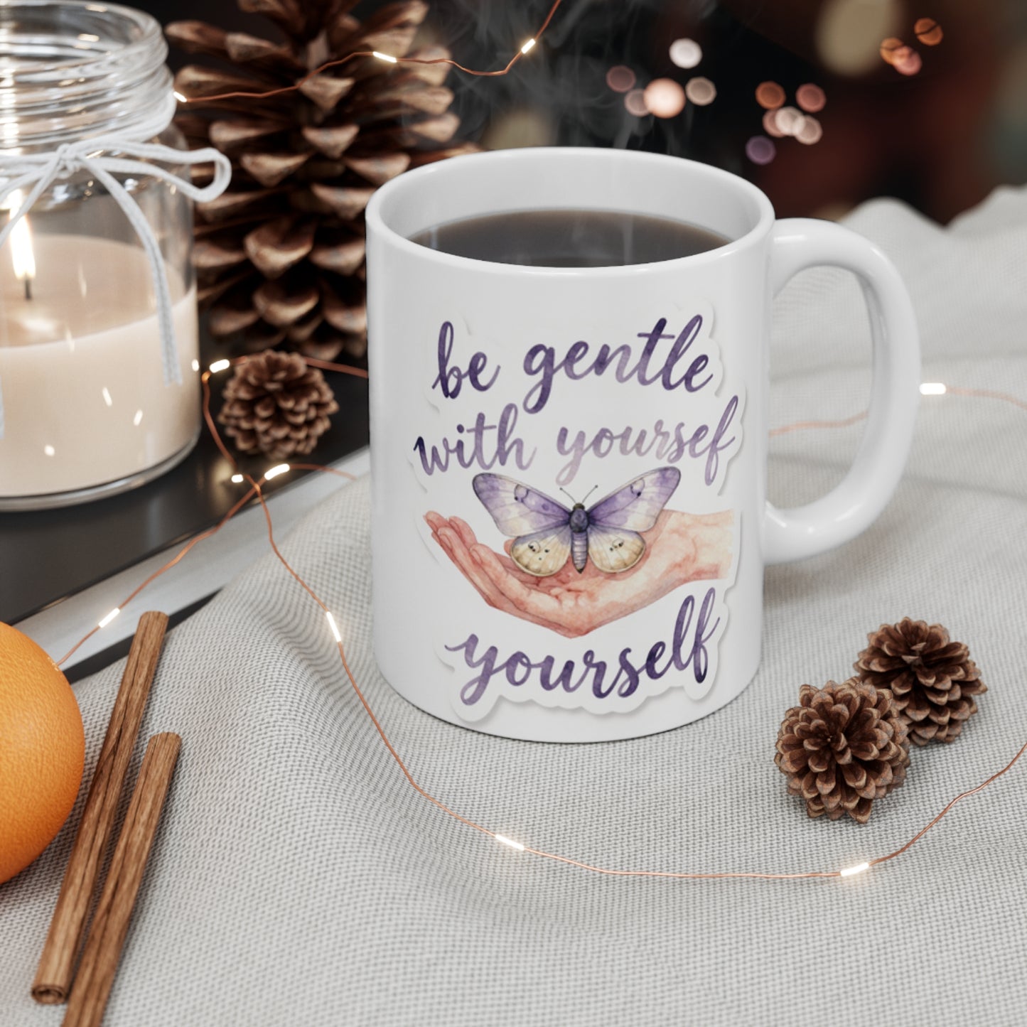Be Gentle With Yourself Mug | Butterfly Self Care Cup | Minimalist Heart Mug Gift