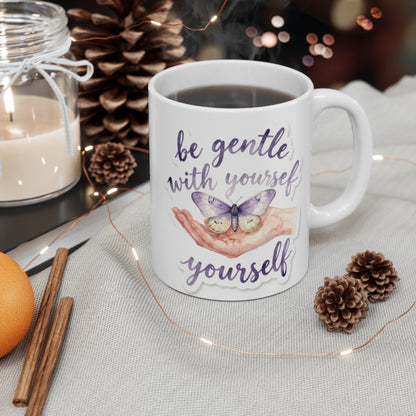 Be Gentle With Yourself Mug | Butterfly Self Care Cup | Minimalist Heart Mug Gift