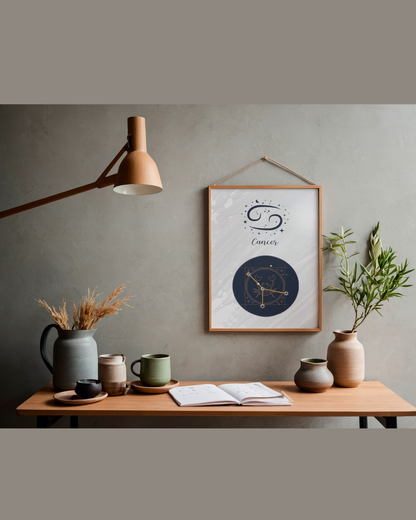Cancer Zodiac Astrology Art Print | Luxury Silver Moon Sign Wall Decor, High-End Celestial Constellation Digital Download PNG