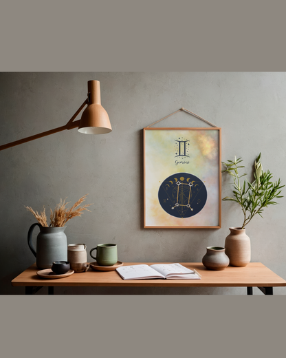 Gemini Zodiac Astrology Art Print | Luxury Pastel Amber Sign Wall Decor, High-End Celestial Constellation Digital Download PNG