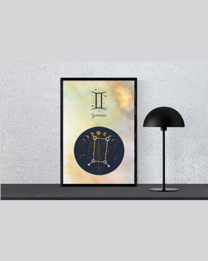 Gemini Zodiac Astrology Art Print | Luxury Pastel Amber Sign Wall Decor, High-End Celestial Constellation Digital Download PNG