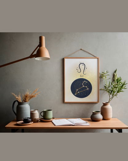 Leo Zodiac Astrology Art Print | Luxury Gold Stardust Sign Wall Decor, High-End Celestial Constellation Digital Download PNG