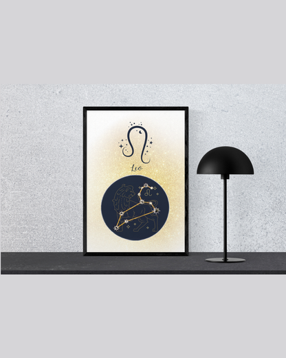 Leo Zodiac Astrology Art Print | Luxury Gold Stardust Sign Wall Decor, High-End Celestial Constellation Digital Download PNG