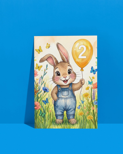 2nd Birthday Card – Printable Kids Bunny Card | Instant Digital Download