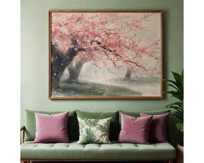 Watercolor Cherry Blossom Poster | Sakura Landscape Digital Wall Art