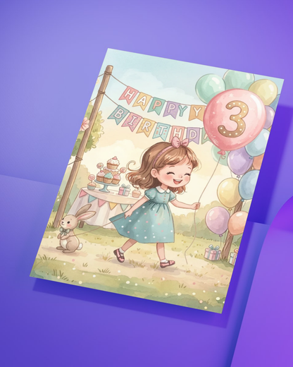 3rd Birthday Card for Girl – Printable Pink Birthday Card | Instant Digital Download