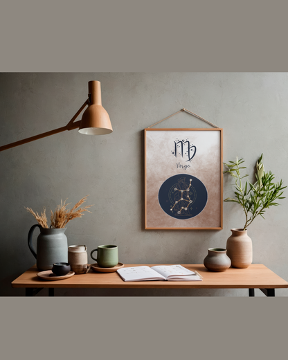 Virgo Zodiac Astrology Art Print | Luxury Earthy Brown Sign Wall Decor, High-End Celestial Constellation Digital Download PNG