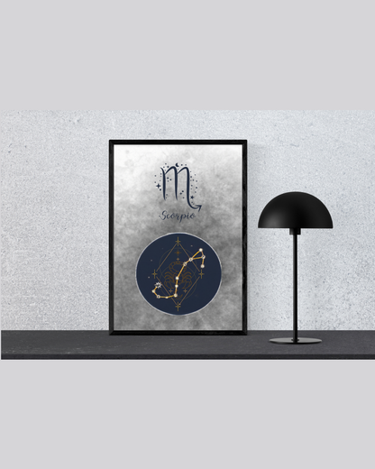 Scorpio Zodiac Astrology Art Print | Luxury Mystical Black Sign Wall Decor, High-End Celestial Constellation Digital Download PNG