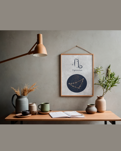 Capricorn Zodiac Astrology Art Print | Luxury Slate Grey Sign Wall Decor, High-End Celestial Constellation Digital Download PNG