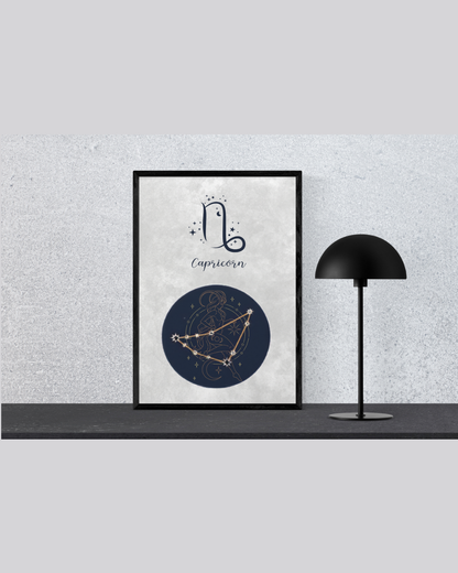 Capricorn Zodiac Astrology Art Print | Luxury Slate Grey Sign Wall Decor, High-End Celestial Constellation Digital Download PNG