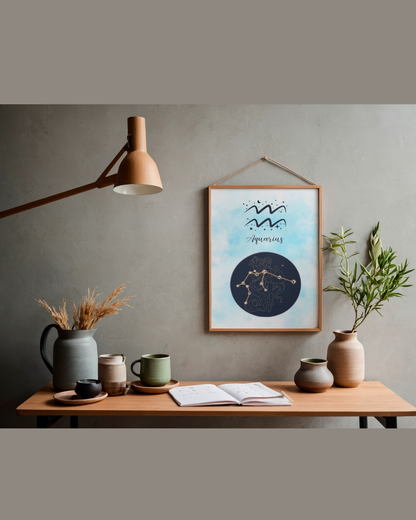 Aquarius Zodiac Astrology Art Print | Luxury Turquoise Blue Sign Wall Decor, High-End Celestial Constellation Digital Download PNG