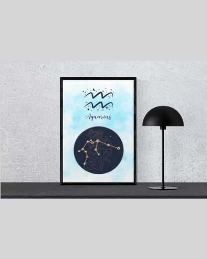 Aquarius Zodiac Astrology Art Print | Luxury Turquoise Blue Sign Wall Decor, High-End Celestial Constellation Digital Download PNG