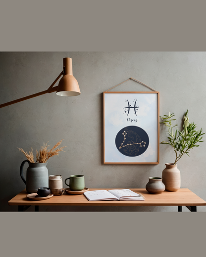 Pisces Zodiac Astrology Art Print | Luxury Sea Blue Sign Wall Decor, High-End Celestial Constellation Digital Download PNG