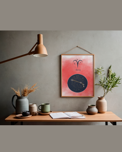 Aries Zodiac Astrology Art Print | Luxury Crimson Red Sign Wall Decor, High-End Celestial Constellation Digital Download PNG