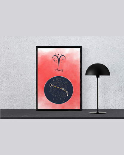Aries Zodiac Astrology Art Print | Luxury Crimson Red Sign Wall Decor, High-End Celestial Constellation Digital Download PNG