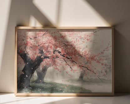 Watercolor Cherry Blossom Poster | Sakura Landscape Digital Wall Art