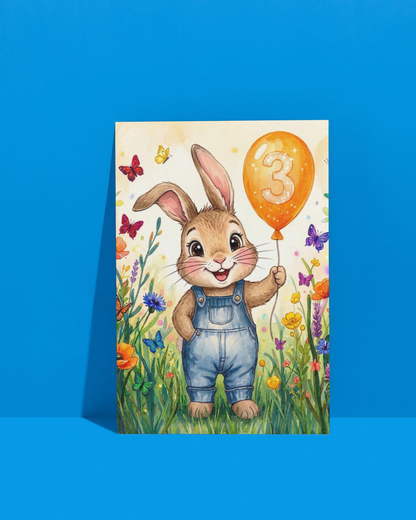 3rd Birthday Card – Printable Kids Bunny Card | Instant Digital Download
