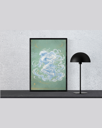 Celestial Wind Spirit Art Print | Luxury Sky God Wall Decor, High-End Cloud Elemental Poster, Sage Green Digital Download PNG