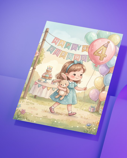 4th Birthday Card for Girl – Printable Pink Birthday Card | Instant Digital Download