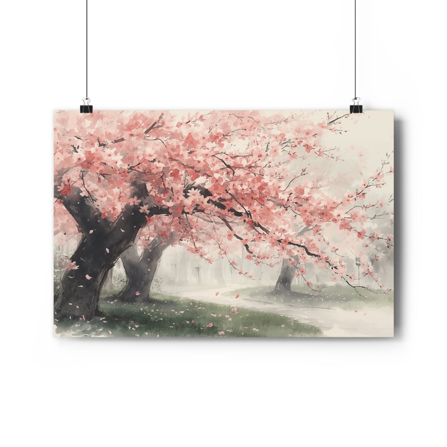 Chinese Blossom Landscape | Watercolor Spring Path Art Paper Poster | Pink Sakura Tree Wall Art, Spring Serenity