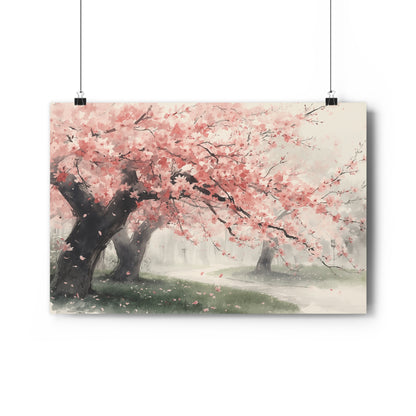 Chinese Blossom Landscape | Watercolor Spring Path Art Paper Poster | Pink Sakura Tree Wall Art, Spring Serenity
