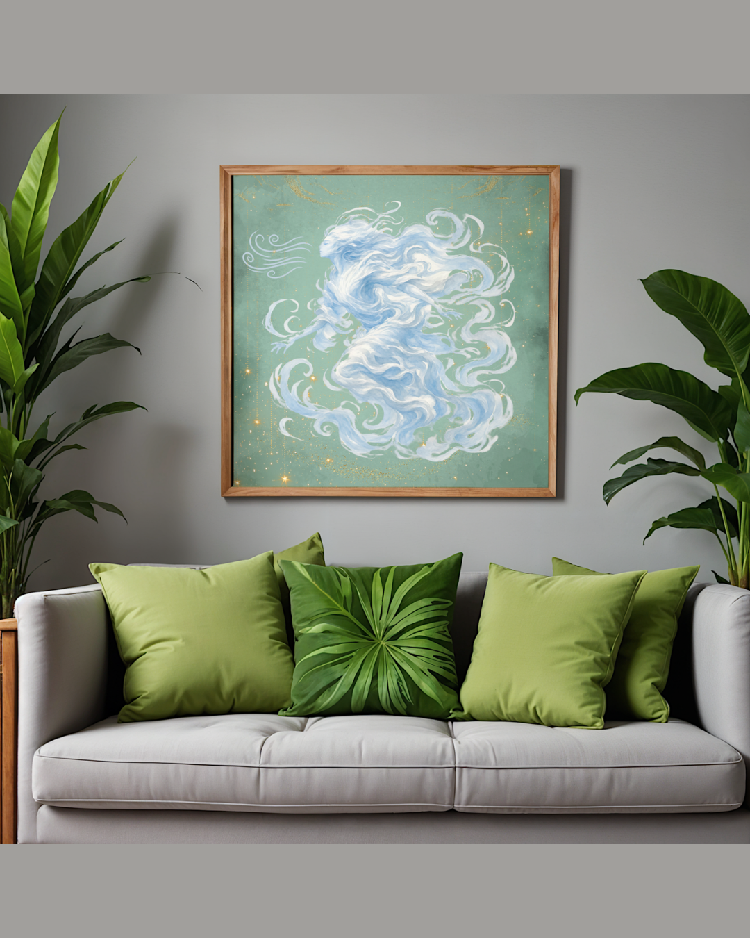 Celestial Wind Spirit Art Print | Luxury Sky God Wall Decor, High-End Cloud Elemental Poster, Sage Green Digital Download PNG
